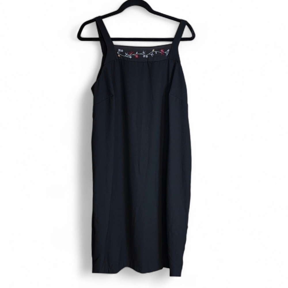 VTG 90s Un Deux Trois Black Crepe Sheath Dress | Embroidered Mesh Neckline |